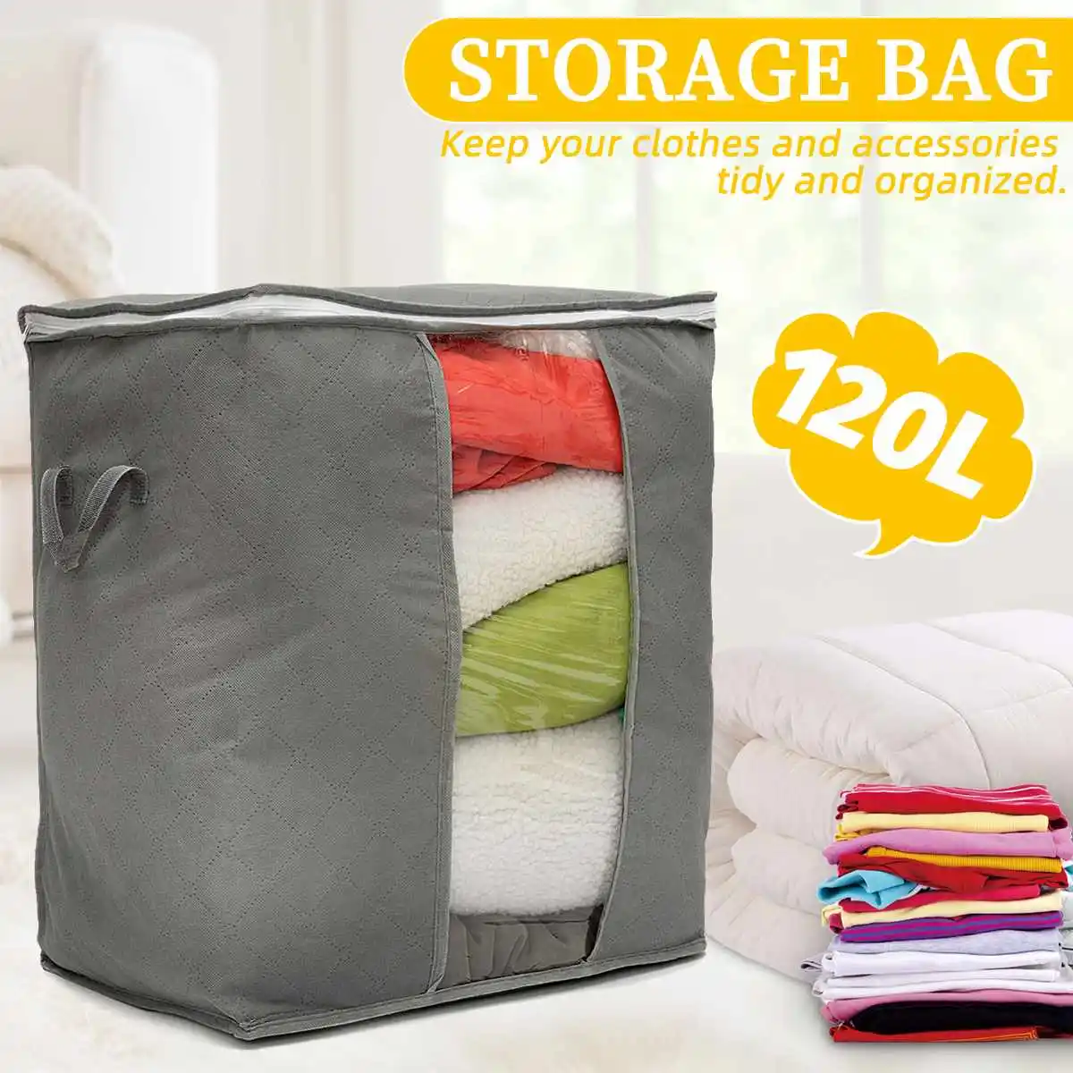 

120L Extra Large Quilt Storage Bag with Handles Portable Dustproof Household Wardrobe Non-Woven Zipper Clothes Folding Box