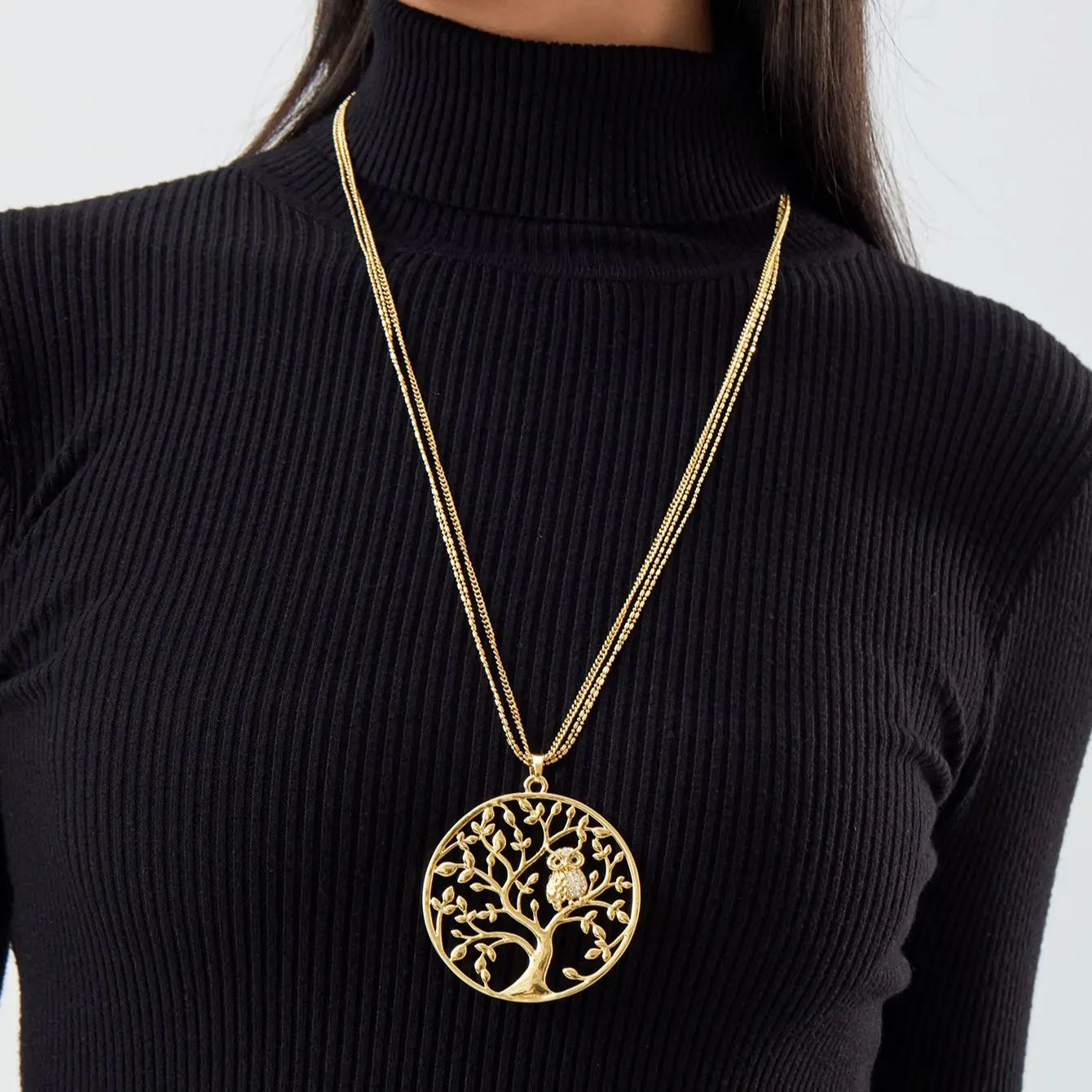 

Tree of Life Zircon Owl Big Round Pendant Necklace for Women Stainless Steel sweater Long Chain Korean Fashion Gift Jewelry 2022