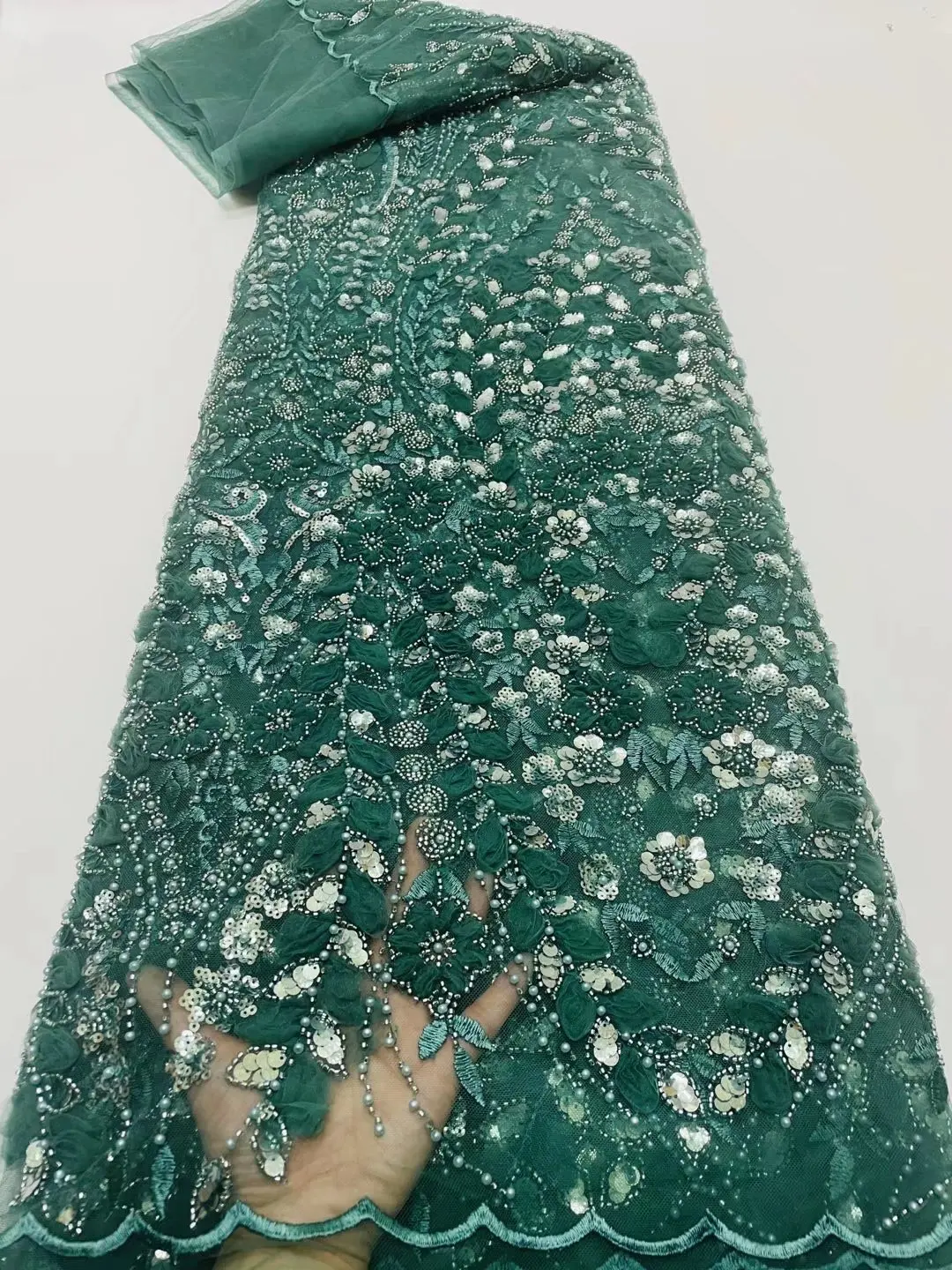

Green Latest Classic African Handmade Stone Lace High Quality 2022 Elegant Embroidery Beaded Tulle Lace Fabric For Wedding Dress