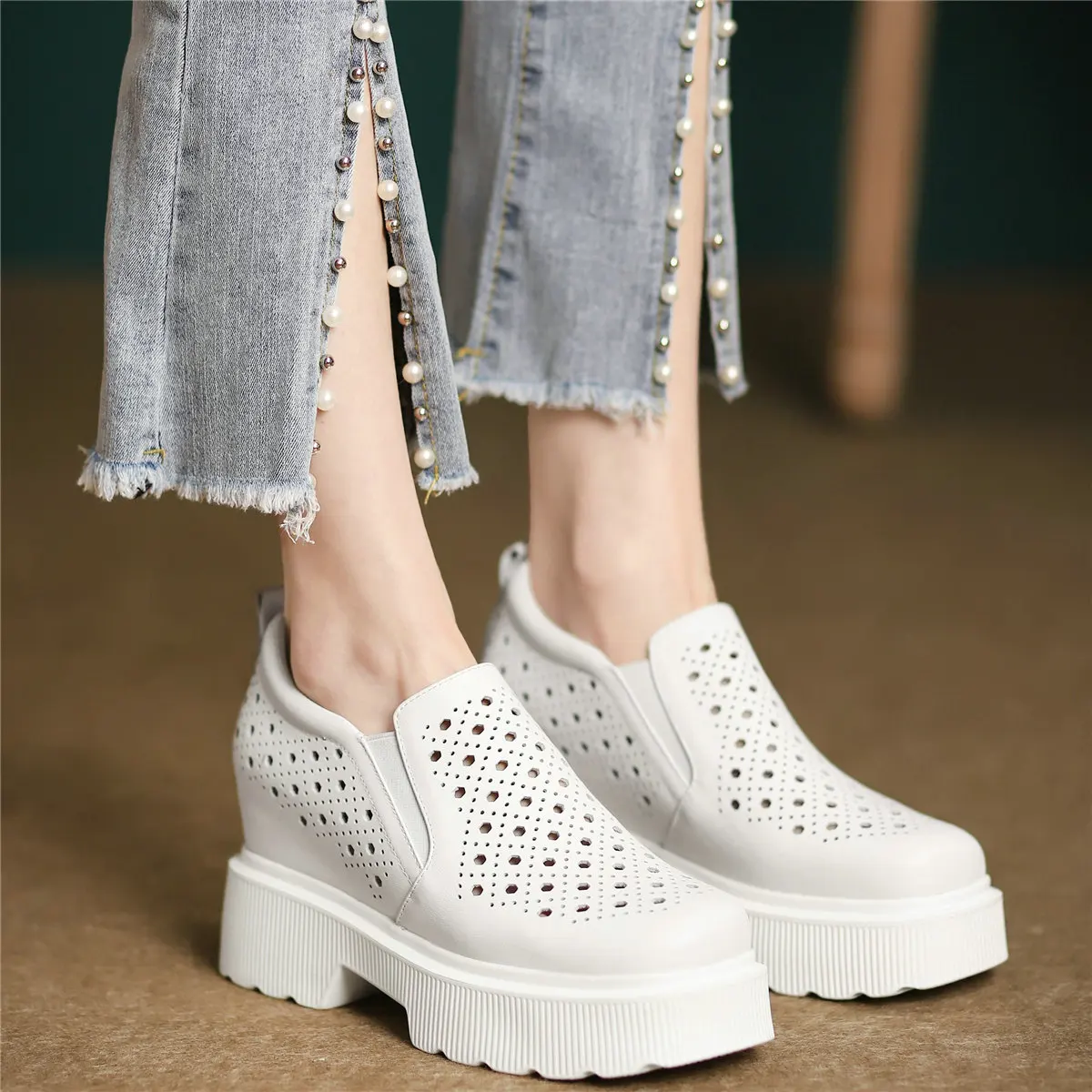 2022 Fashion Sneakers Women Slip On Genuine Leather High Heel Ankle Boots Female Summer Square Toe Platform Pumps Casual Shoes