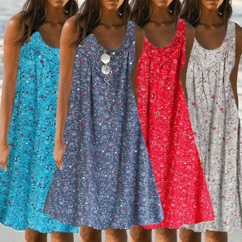 

2022 Dress Women Boho Sleeveless O Neck Floral Print Large Hem Loose Knee-length Tank Dress Women's Clothing