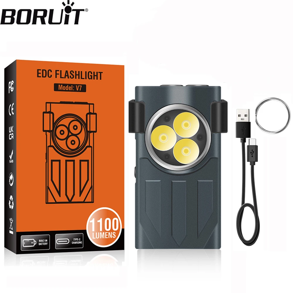 BORUiT V7 LED Keychain Flashlight Mini Portable Torch Type-C Rechargeable Work Light With Magnet Camping Hiking Pocket Lantern