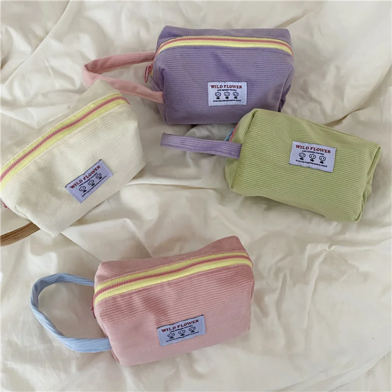 

Korean Ins Corduroy Cosmetic Bag Lipstick Eyeshadow Makeup Organizer Top-handle Earphone Card Storage Bag Coin Pouch Pencil Bags