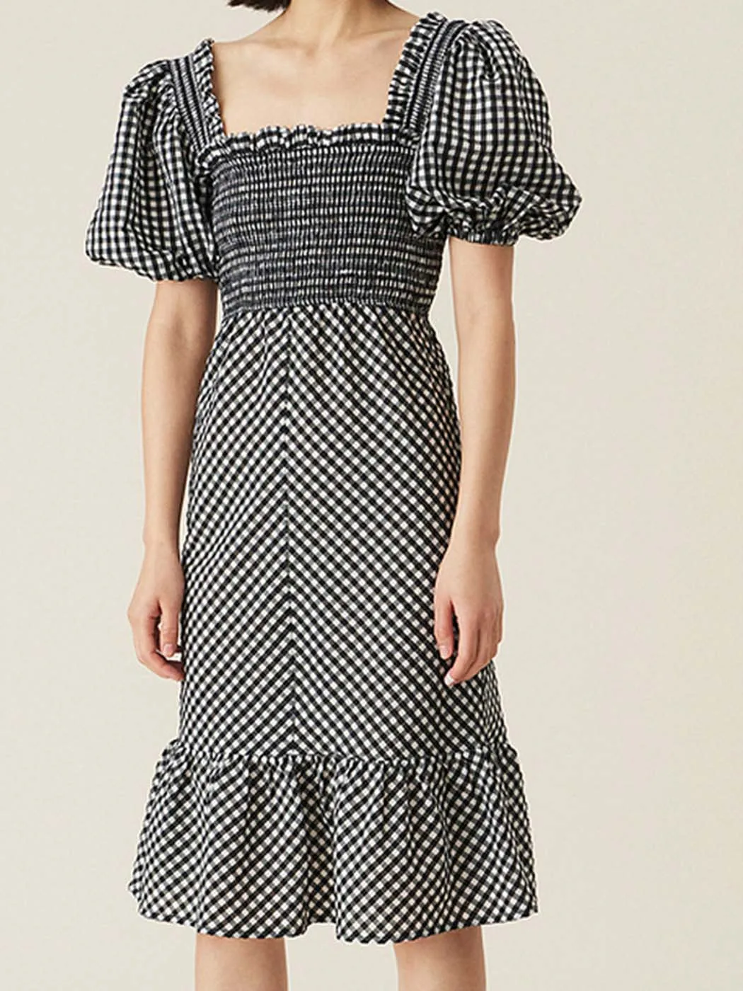 

Vintage Black And White Plaid Midi Dress Women 2022 Summer Puff Sleeve Square Collar Cotton Elegant Dresses Female Chic Vestidos