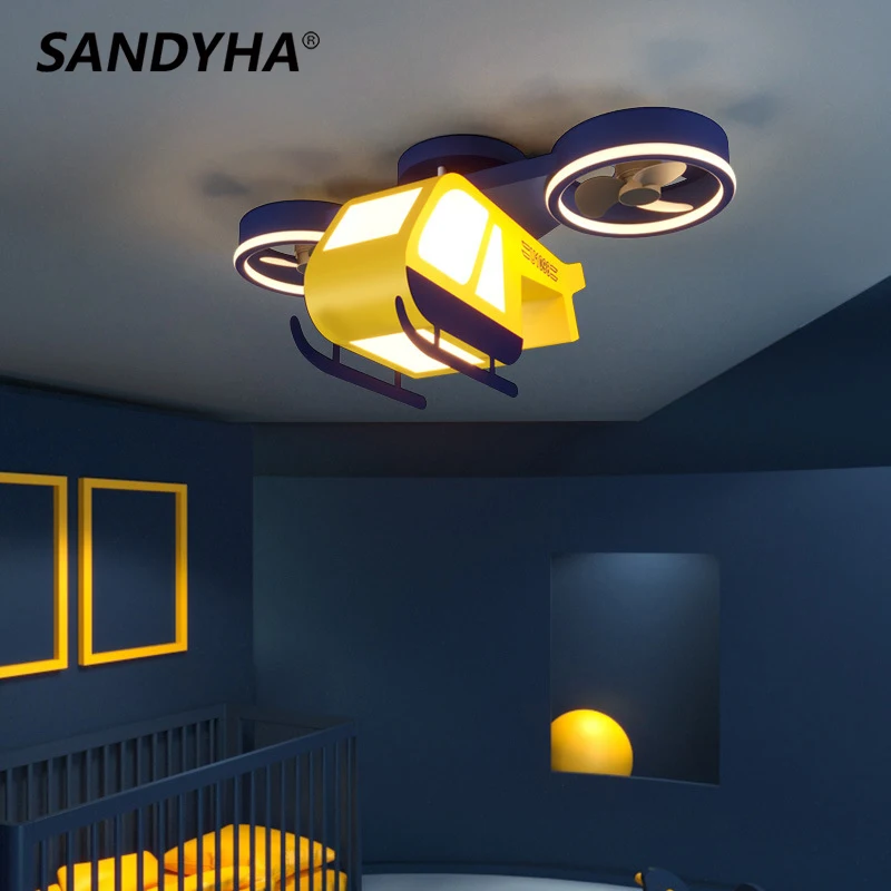 

SANDYHA Electric Fan Lampara Led Techo Helicopter Light Boy's Room Iron Lamp Cartoon Eye Protection for Bedroom Ceiling lighting