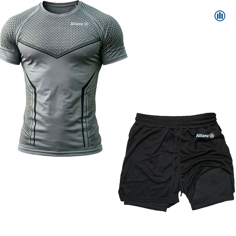 Фото Мужская летняя спортивная футболка Allianz Slim-Fitting, комплект с короткими рукавами, специально разработанный для бега и фитнес-тренировок. Комфо №2