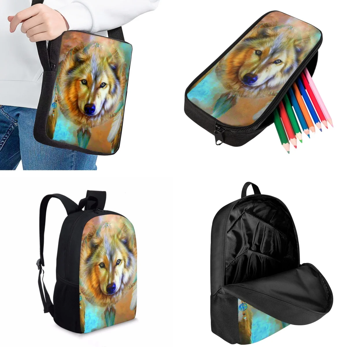 Jackherelook Artistic Wolf Pattern Print College School Bags Set Casual Teenagers Boys Travel Backpack Fashion Women Knapsack