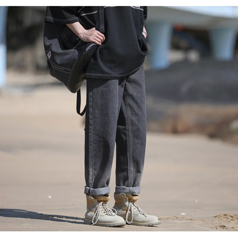 Men Clothing 2022 Autumn Winter New Vintage Versatile Comfortable Black Grey Harun Trousers Straight Loose Cylinder Jeans Female