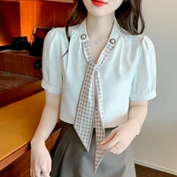 new 2022 woman blouses summer bow tie fashion chiffon blouse women tops femme white shirt blusas mujer womens clothing 869f
