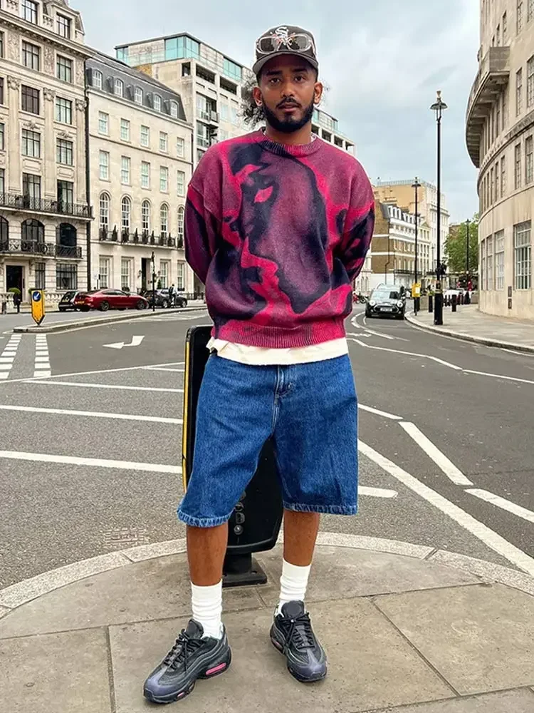 Модный уличный свитер с круглым вырезом для мужчин вязаный пуловер большого