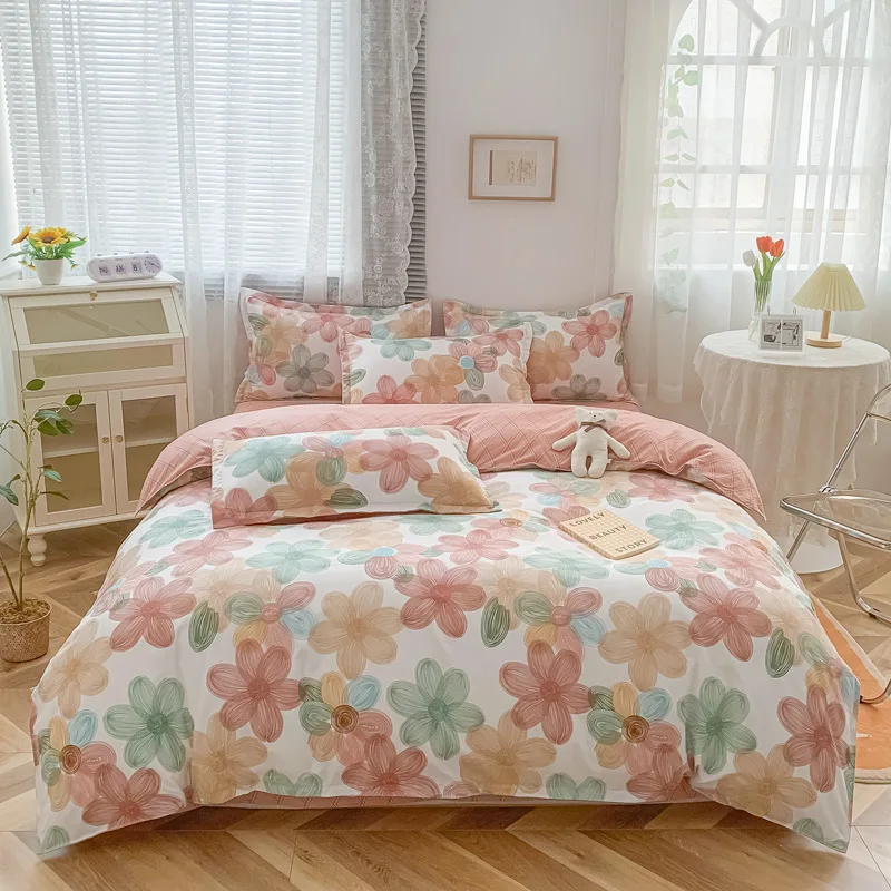 

Beddings Sets Small Fresh Four-piece Set of Washed Cotton Brushed Student Dormitory Three-piece Set Double Quilt Cover Sheet