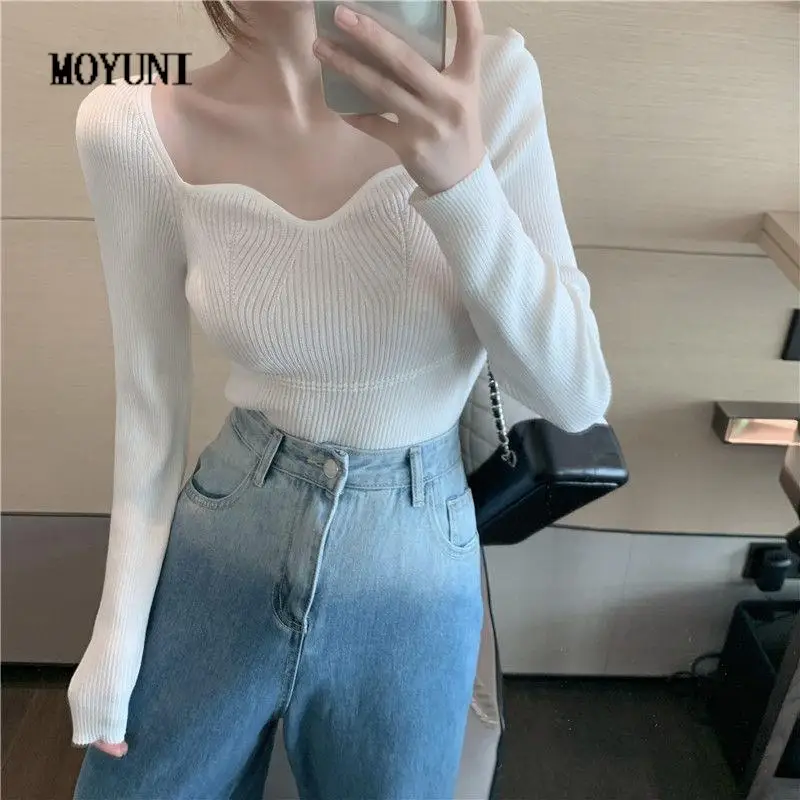 

Long Sleeve Square Collar Crop Top 2022 Shirts for Women Slim Wild Jumper Elegant Knit Black Sweater Sueter Pullover Sweaters