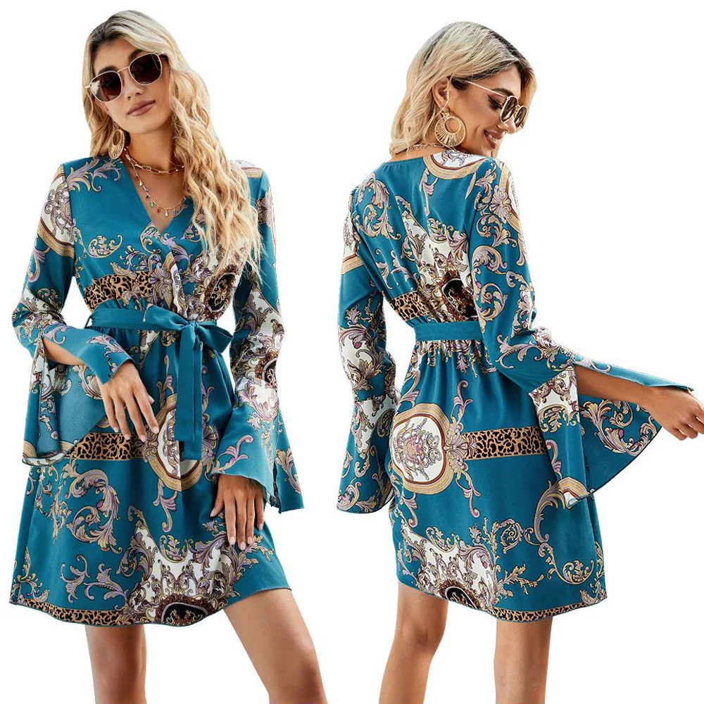 

Женское винтажное платье с цветочным принтом, весеннее модное свободное мини-платье с расклешенным рукавом и V-образным вырезом, модное жен...