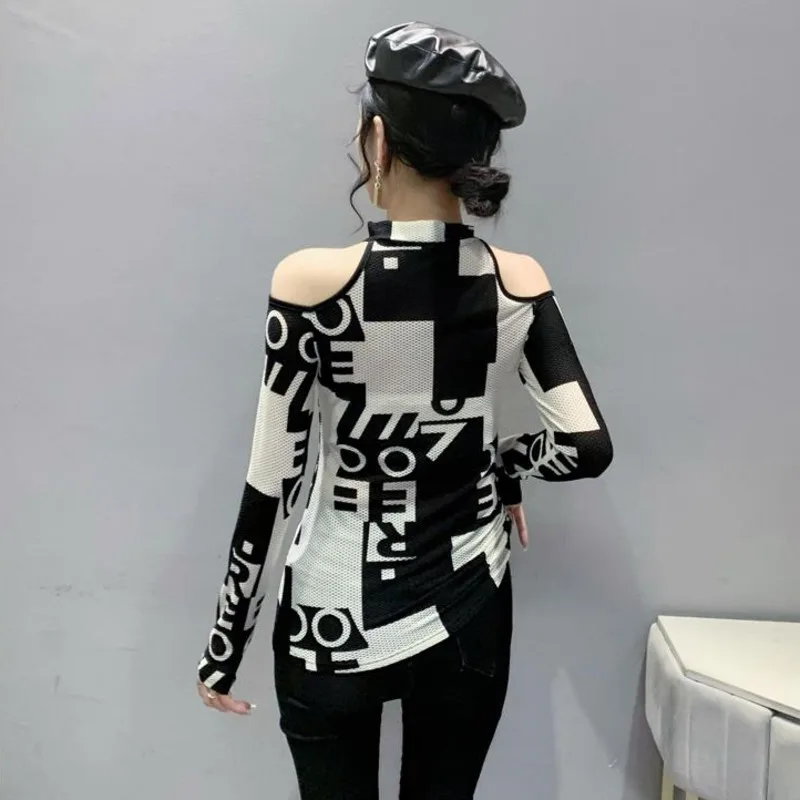 #8044 Сетчатая футболка с принтом Женский Топ длинным рукавом и открытыми плечами