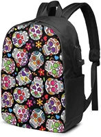 sugar skull business laptop school bookbag travel backpack with usb charging port headphone port fit 17 in