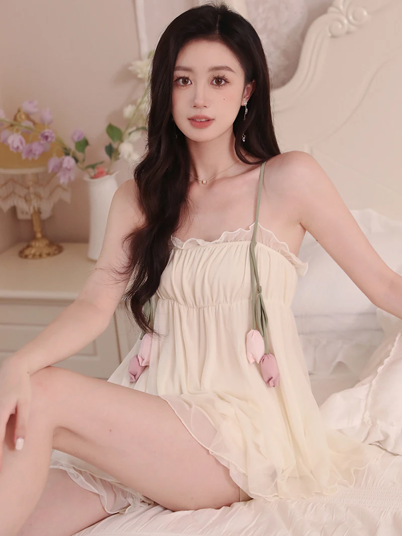 

Женские милые летние шорты на бретелях-спагетти, комплект из двух предметов, свободная сетчатая фея одежда для сна, пижама принцессы, домашняя одежда
