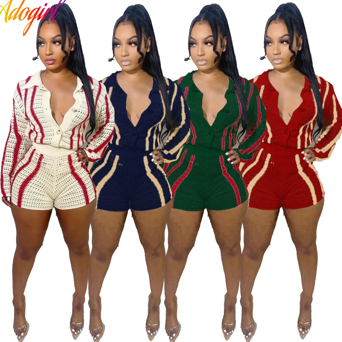 

Adogirl Streetwear Knitted Two Piece Set Striped Long Sleeve Single Breated Top Shorts Sweater Tracksuit INS Elegant Fashion