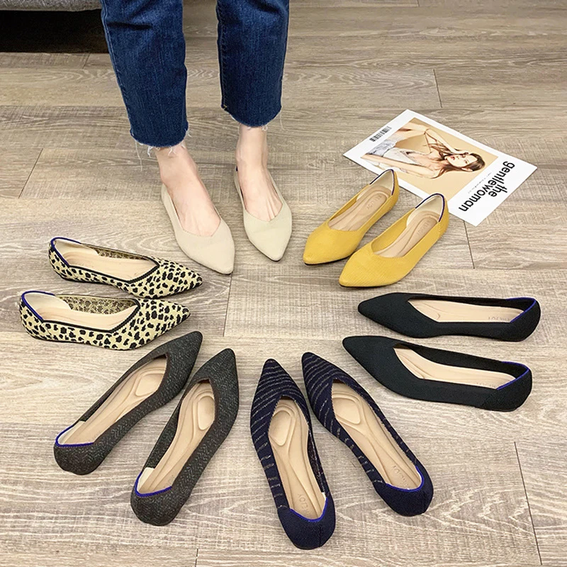 2022Stretch Colorblock Knit Comfortable Pointed Toe Ballet Flats Women's Slip-On Maternity Loafers Shores Moccasin Women's Shoes