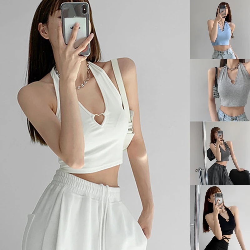 

Womens Halter V-Neck Sleeveless Crop for Tank Top Heart-Shaped Metal Ring Solid Color Bodycon Slim Camisole Vest Clubwear