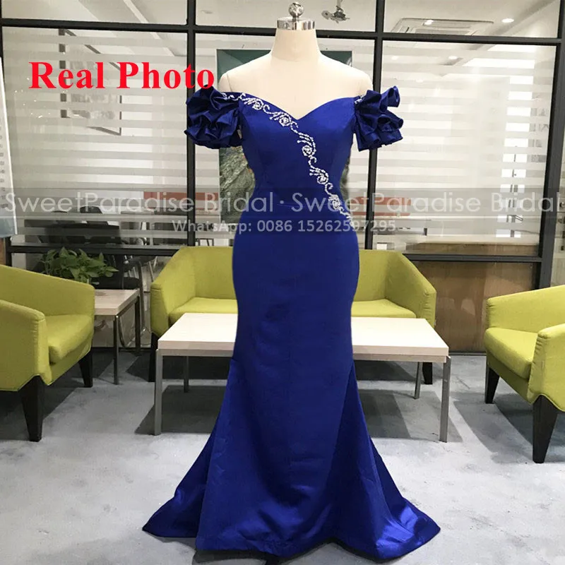 

Mermaid Ruffles Off Shoulder Prom Dresses With Beads Long Royal Blue Satin Actual Picture Trumpet Formal Evening Dress Party