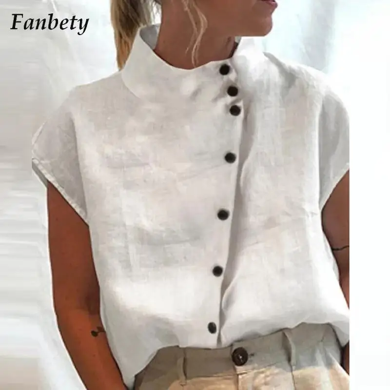 

Fashion Solid Color Turtleneck Blouse Shirts Women Elegant Short Sleeve Button Pullover Tops Lady Casual Loose Blusa Streetwear