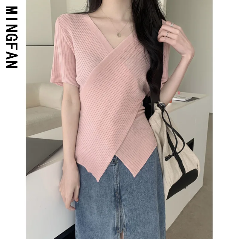 

Облегающая Трикотажная футболка с V-образным вырезом и коротким рукавом, Женский ассиметричный подол gray22