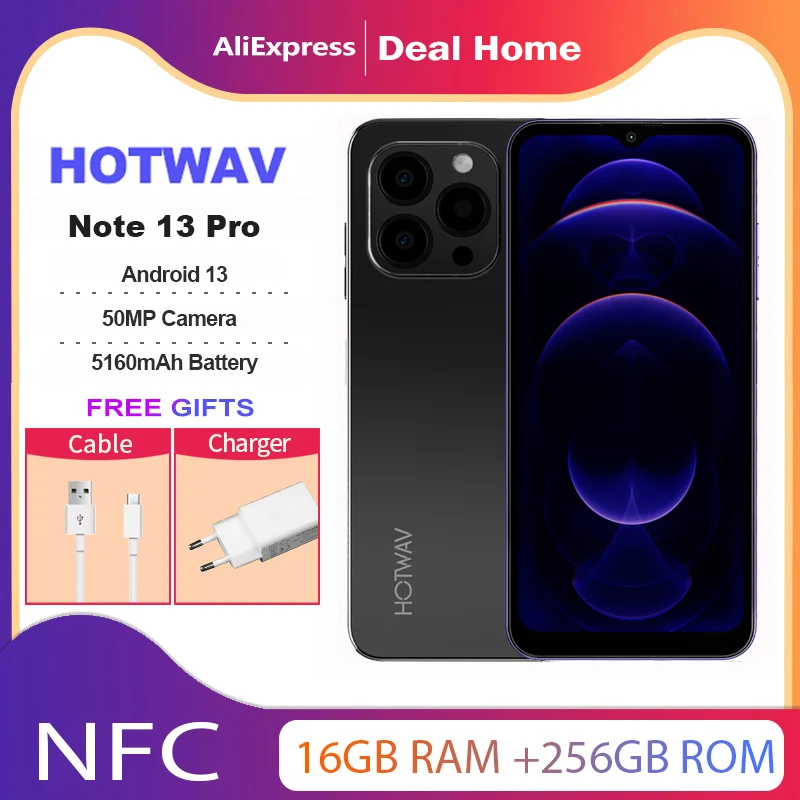 Фото HOTWAV Note 13 Pro, 16 ГБ + 256 ГБ, восьмиядерный процессор, 6,6 дюйма, HD + 90 Гц, частота обновления, Android 13 NFC, 50 МП, камера, 5160 мАч, 18 Вт, зарядка №1