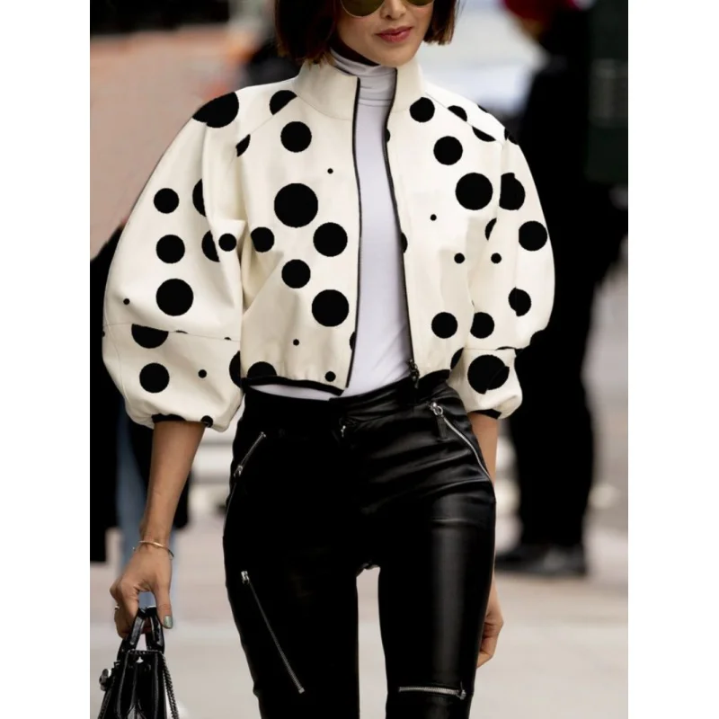 

2023 Korean Fashion Puff Sleeves Polka Dot Stand Collar Jackets Spring Summer Casual Going Out Outwears for Women