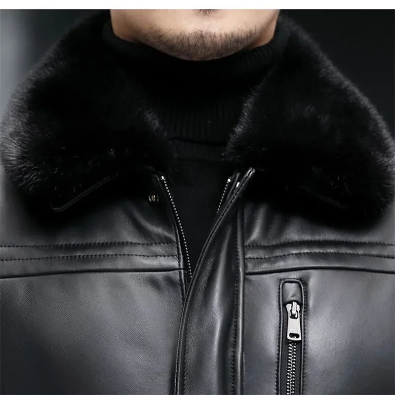 Мужской кожаный пуховик куртка средней длины из овчины натуральной кожи для папы