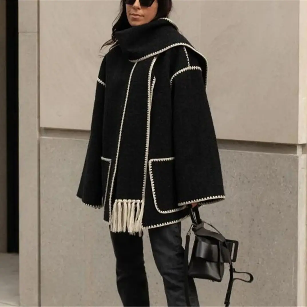 Elegancka damska kurtka z szalikiem i kołnierzem Streetwear długim rękawem mieszanki wełny na jesień/zimę pełnym zamkie...