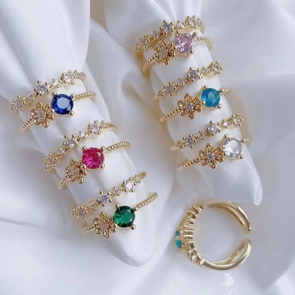 

5Pcs New Lovely Jewelry Micro Inlay Colorful Zircon Women Double Design Open Gold Plated Ring Party Gift