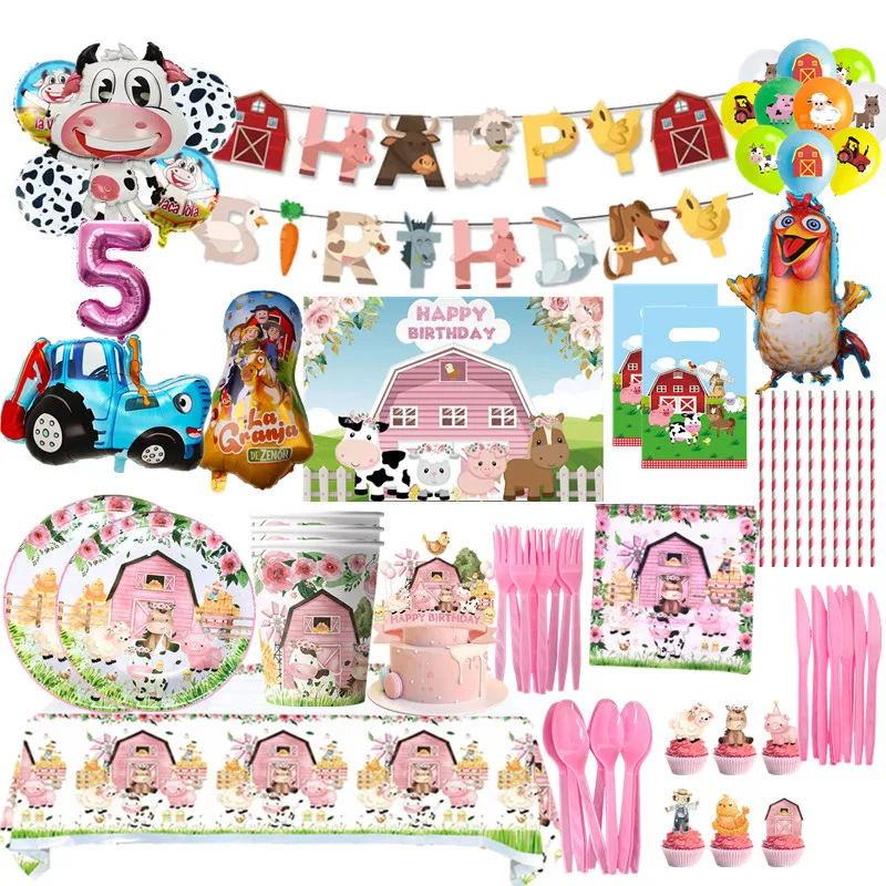 

Розовая ферма, искусственное животное, украшение для вечеринки, коровы, одноразовые чашки, тарелки, баннер, скатерть, украшение для детского праздника, воздушный шар
