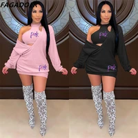 fagadoer fashion print two piece set women crop vestv neck dress sweater 2pcs outfits casual pink letter print matching outfits