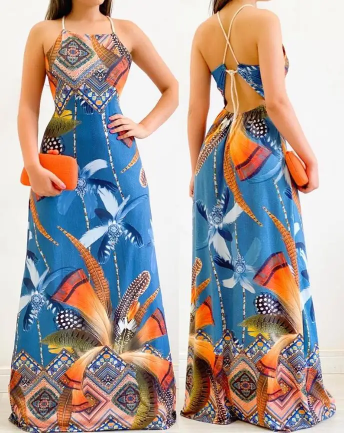 

Dresses for Women 2023 Sexy Vacation Daily Tropical Tribal Print Crisscross Backless Sleeveless Flared Maxi Dress