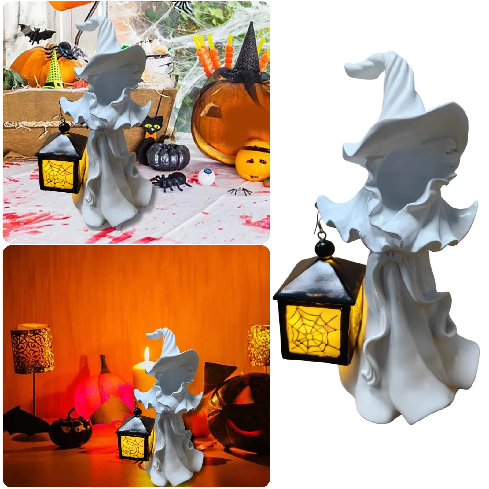 

Halloween Ghostly Statue 7.87inch Resin With Lamp Resin Ghostly Hell Messenger Statue Halloween Sculpture Garden Yard