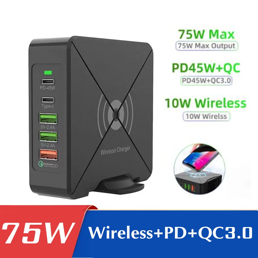 

75W PD USB Charger Dock Station Type C Wireless Charger for iPhone 12 Fast Charger QC 3.0 Quick Wall Chargers 5 Port Desktop Hub