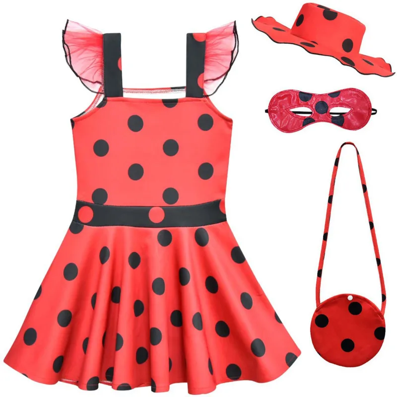 

Girls Polka Dots Ladybugs Dress Up Cosplay Costume Birthday Gift Halloween Christmas Fancy Party Outfit For Kids With Bag Hat