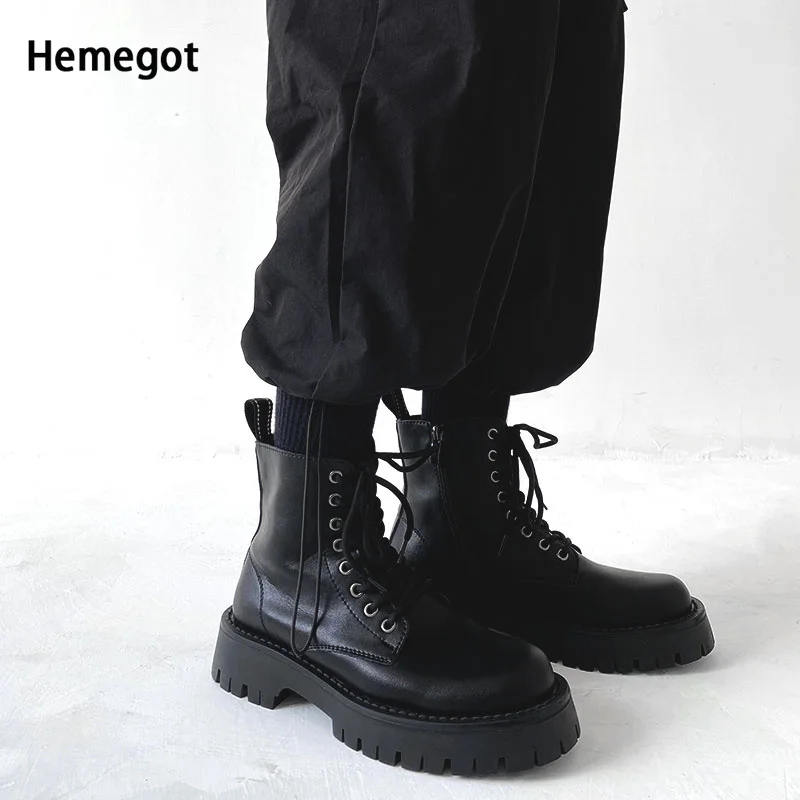 Black Motorcycle Boots Men's Shoes Side Zipper Lace Leather British Style Increased High Top Boots Breathable Shoes for Men