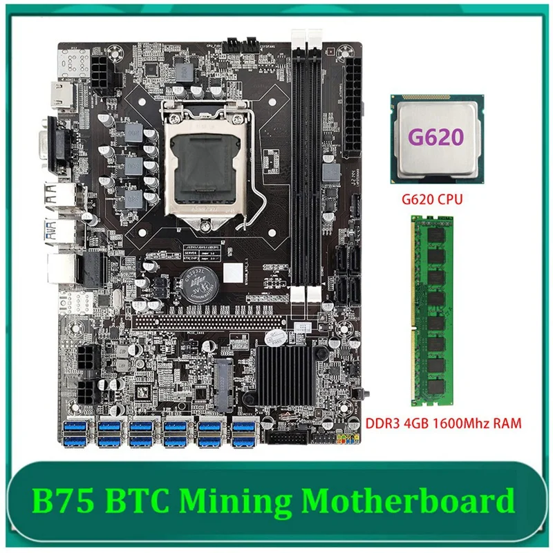 

Материнская плата B75 BTC для майнинга 12 PCIE к USB-адаптеру с процессором G620 + DDR3 4 Гб 1600 МГц ОЗУ LGA1155 B75 USB ETH Майнинг