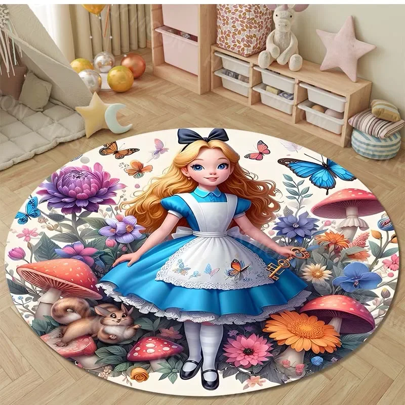 Круглый мультяшный ковер с принтом Алиса в стране чудес для детей гостиной
