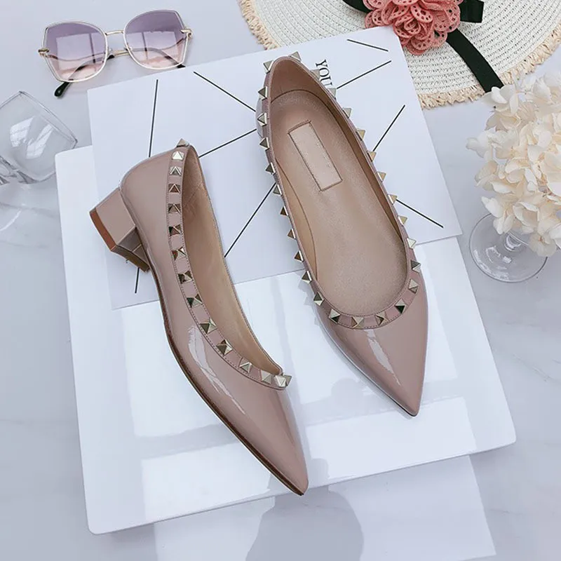 2023 Women High Heels shoes Designer Brand Pumps Rivets Pointed toe Casual Squar Heel 3cm Luxurys Leather Comfortable Office Sho
