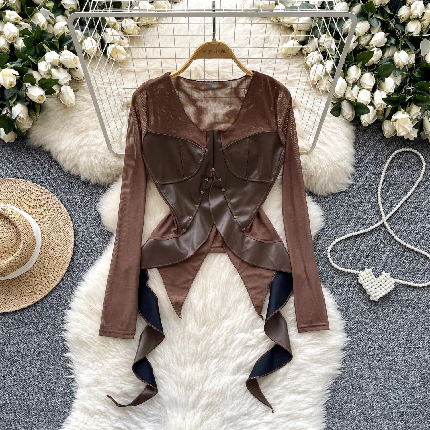 Топ женский винтажный Состаренный с длинным рукавом шикарный облегающий