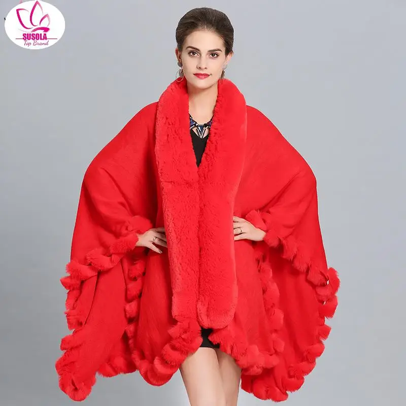 

SUSOLA EuropeStyle Trend Double Fox Fur Coat Cape Hooded Knit Cashmere Cloak Cardigan Outwear Women Winter New Shawl 1.1kg