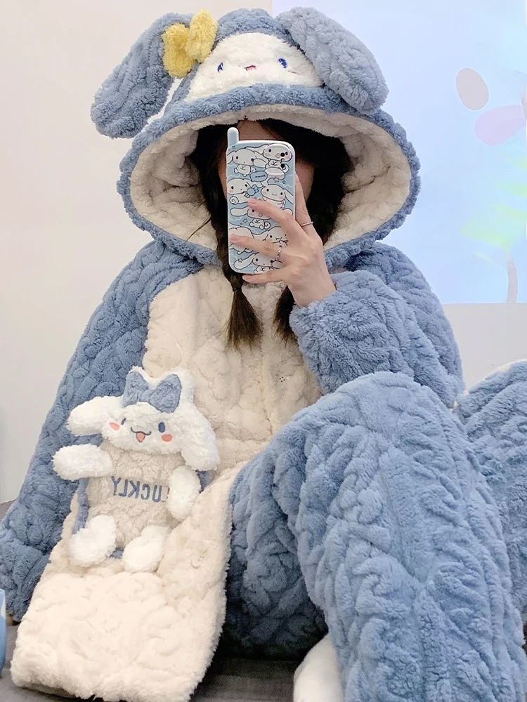Coral Fleece Pajamas Autumn and Winter Women Three-Layer Quilted Thickened Cartoon Cute Flannel Long sleeve Home Wear Set