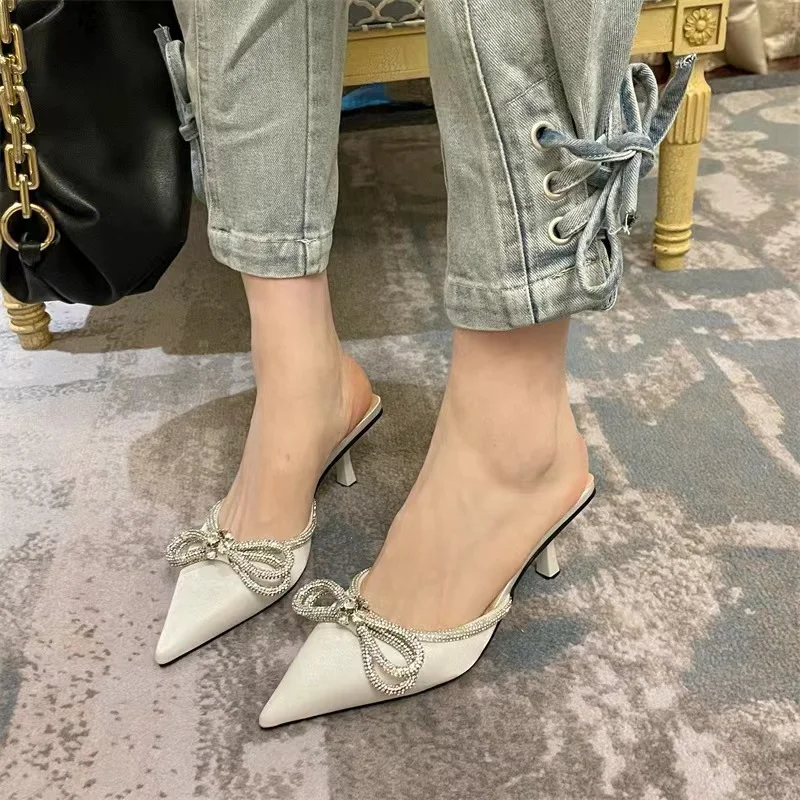 

Sexy Pointed Toe Women Pumps 2023 Summer New Bow Mid-heel Slippers Fashion Black Transparent Slip-on High-heeled Women's Mules