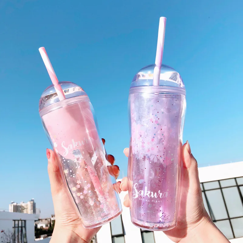 

Kawaii Cherry Blossom Glass Sequin Double Layer Plastic Bottle Crushed Ice Cup Summer Drink Tumbler with Straw Coffee Juice Cups