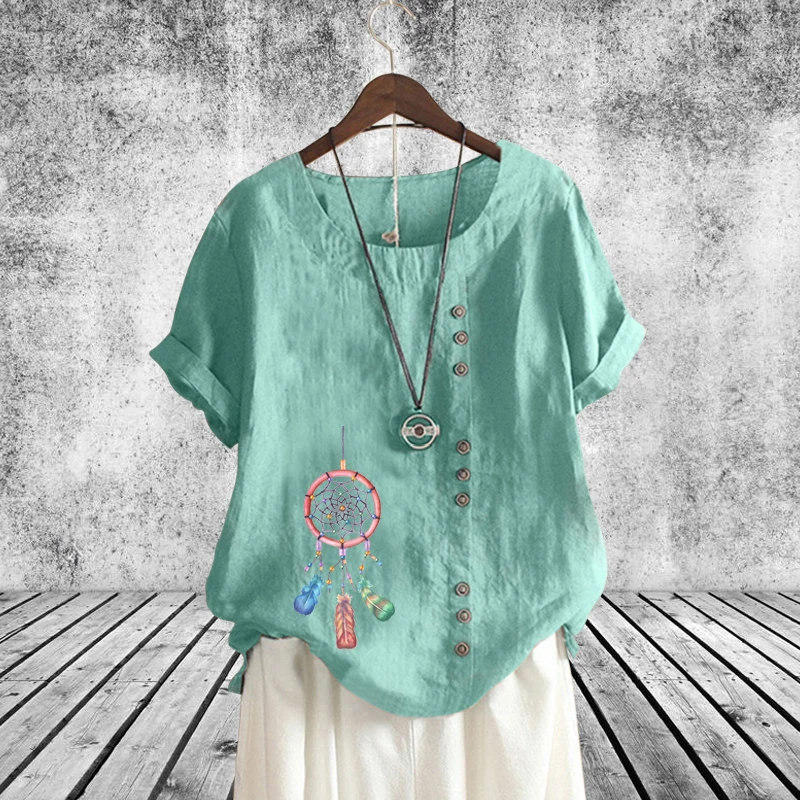

New Fashion Women Round Neck Blouse Dreamcatcher Printed Multicolor Linen T Shirt Casual Loose Cotton Short Sleeve Tops XS-5XL
