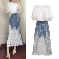 summer sets elegant ladies cotton shirt denim skirt suits off shoulder embroidery white blouse and lace hem skirt 2 piece sets