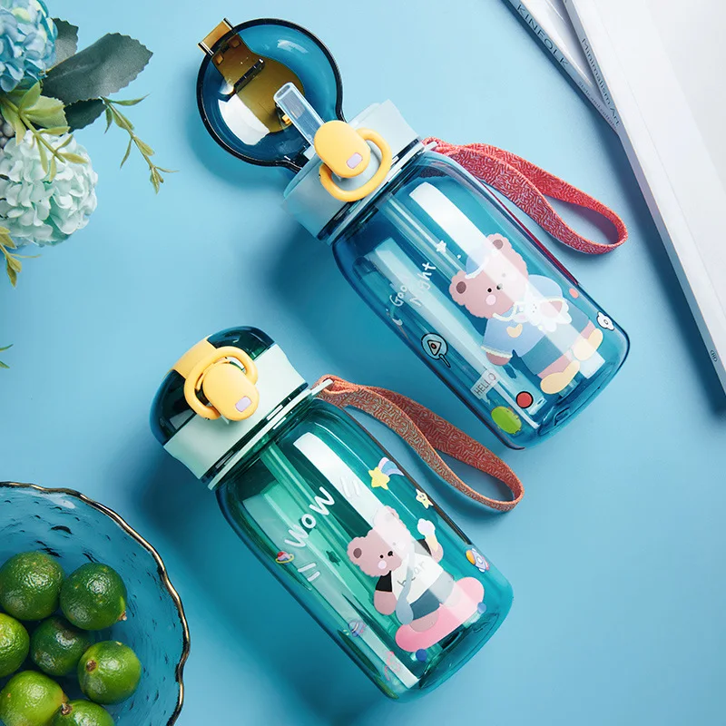 

Бутылка для воды с милой пластиковой школьной бутылкой, питьевая бутылка для учеников, 400 мл, детский портативный медведь, кавайная соломинка для девочек