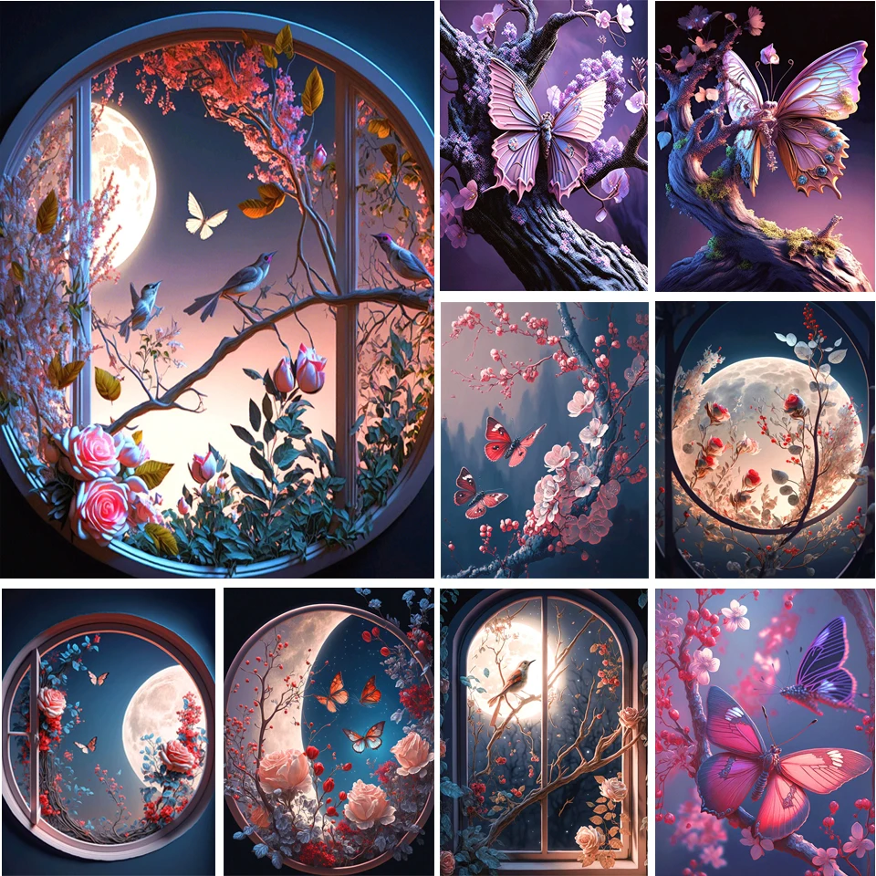 

Алмазная живопись с птицами и цветами, живопись в готическом стиле, луна, Бабочка, роза, пейзаж, полноразмерная мозаика, вышивка крестиком, домашний декор